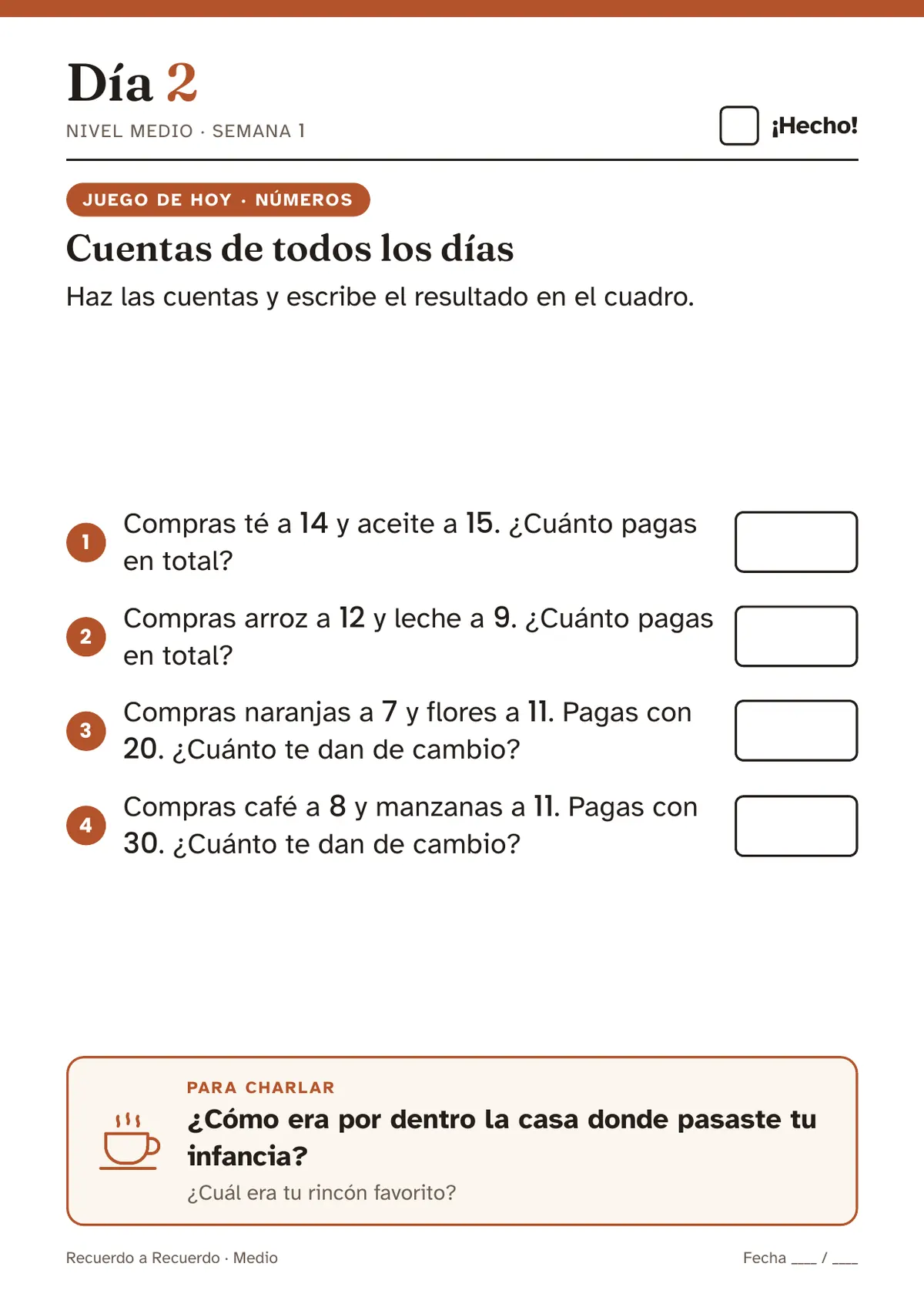 Día 2 del nivel Medio, las cuentas de una compra