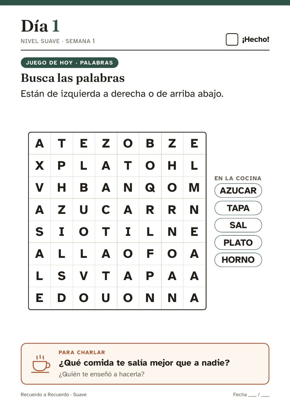 Hoja del nivel Suave, con letra grande