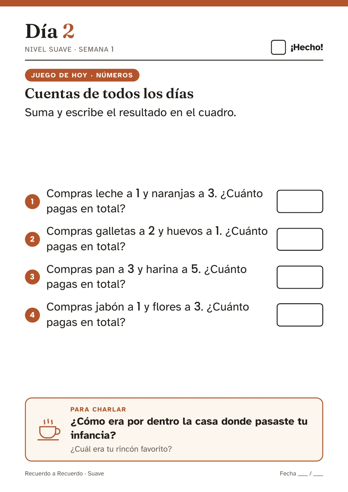 Día 2 del nivel Suave, cuentas de la cocina